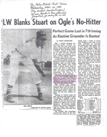 Newspaper clipping of Jim’s NO-HITTER he pitched for his high school’s baseball team.