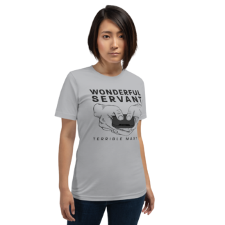 Female model wearing a shirt that has an illustration of an iPhone with hands hovering above and the statement, "Wonderful Servant, Terrible Master".