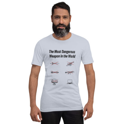 Male model wearing a t-shirt that asks the question, what is the most dangerous weapon in the world? The answer may surprise you...it's a computer.