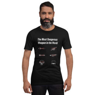 Male model wearing a t-shirt that asks the question, what is the most dangerous weapon in the world? The answer may surprise you...it's a computer.