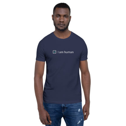 ✅ I am human t-shirt on a male model.